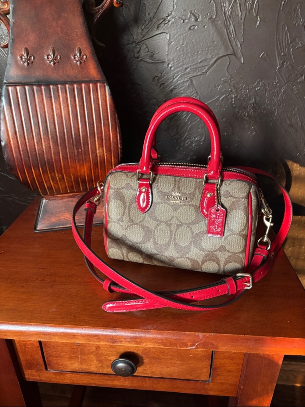 Coach Mini Rowan Satchel in Signature Canvas. EUC Khaki/Electric Red